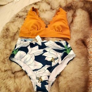 Mustard Yellow and Floral High Waisted Bikini Set Size Medium